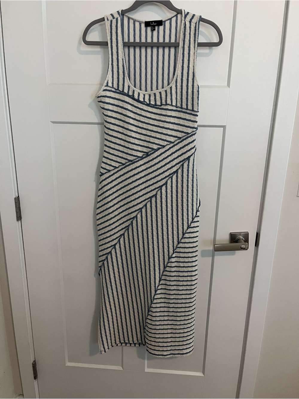 Lulu's Cream and Navy Striped Knit Tank Midi Dress